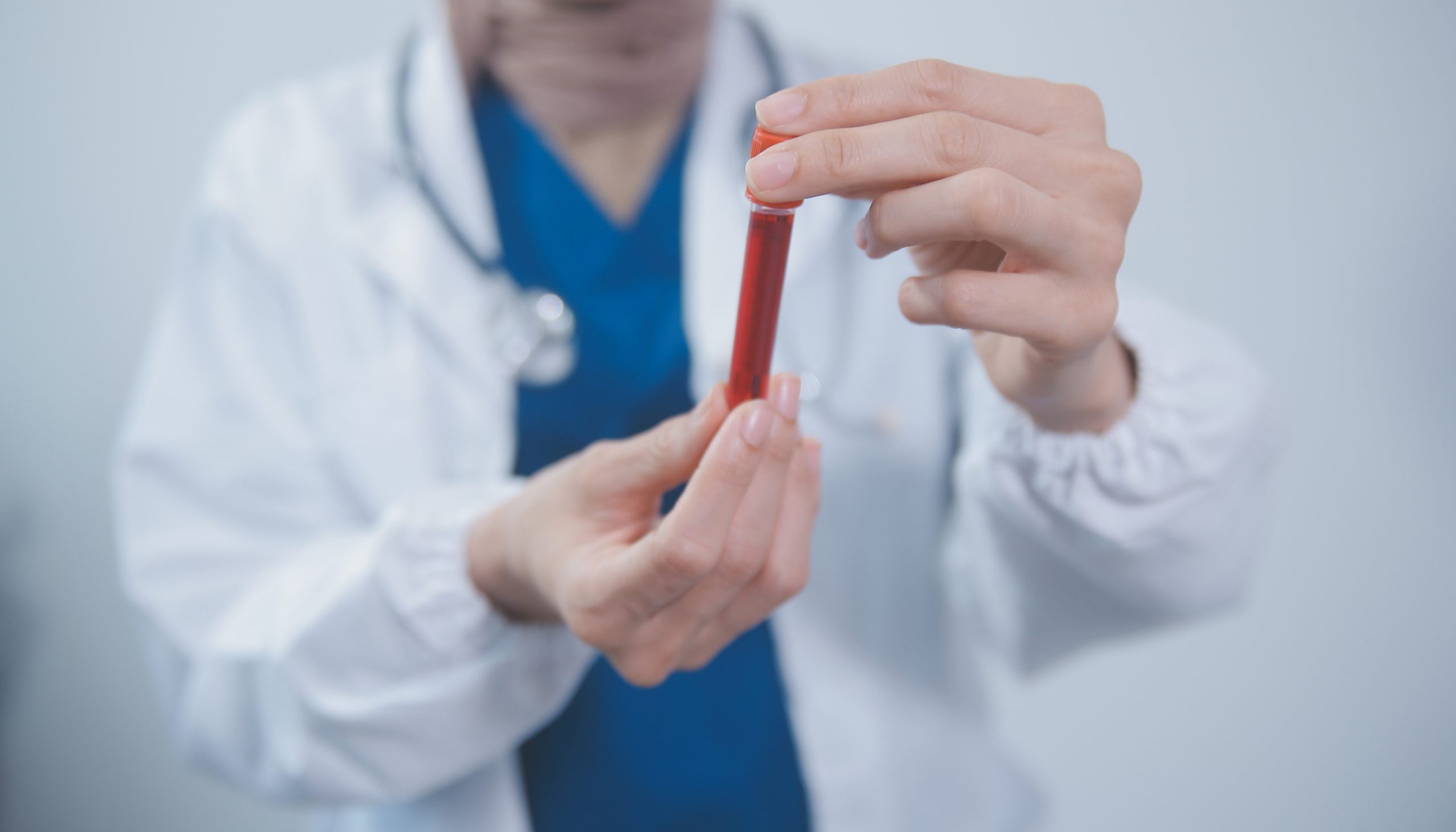 Technician, doctor, scientist in laboratory with blood sample tu